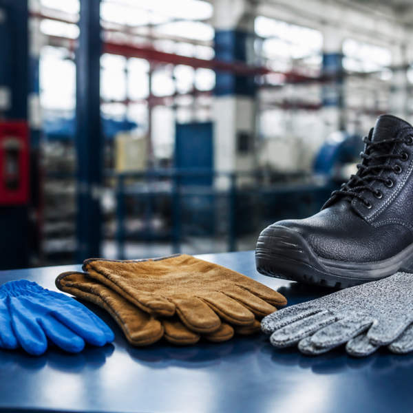 Guantes industriales y calzado de seguridad sobre una mesa de trabajo en una planta